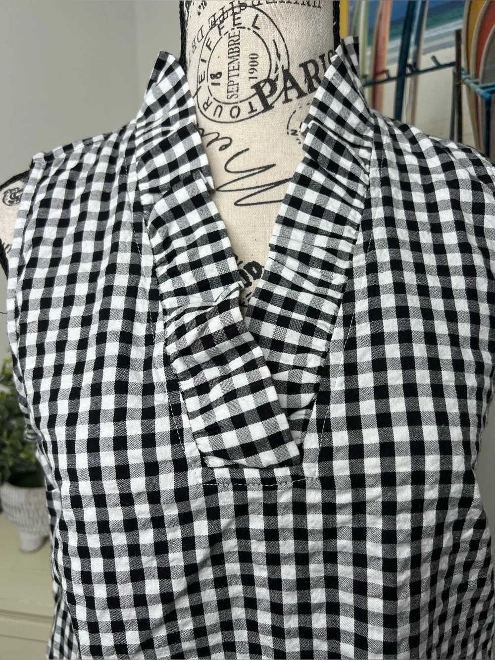 CROWN & IVY Gingham Sleeveless Ruffle V-Neck Seersucker Dress